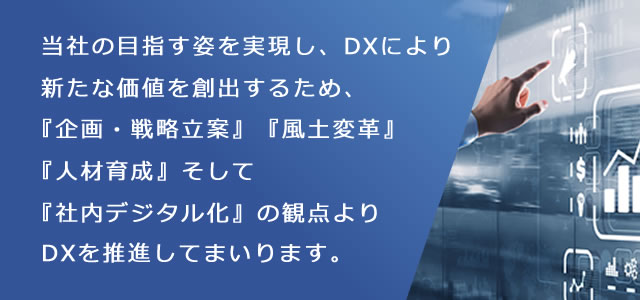 当社の目指す姿を実現し、DXにより新たな価値を創出するため、『企画・戦略立案』『風土変革』『人材育成』そして『社内デジタル化』の観点よりDXを推進してまいります。